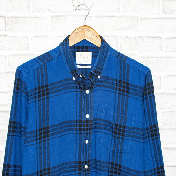 SATURDAYS SURF NYC Men's Flannel Shirt Blue Plaid Cotton Size Medium - Picture 4 of 5